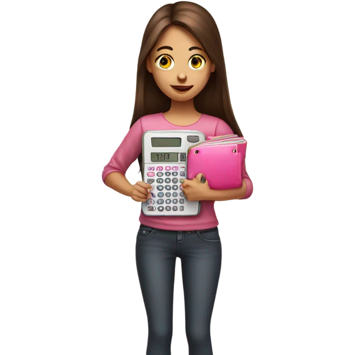 Pretty Girl with straight brown hair holding one pink calculator in her hand emoji