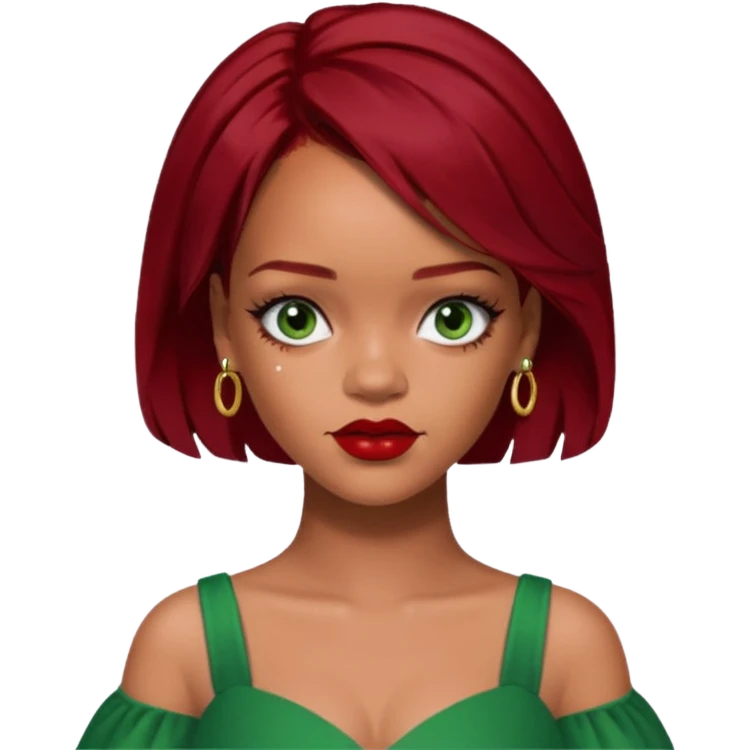Rihanna dark red hair, green dress emoji