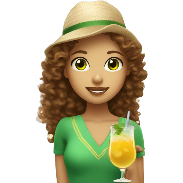 A girl with curly brown hair and green eyes, sipping a cocktail on the beach in italy emoji