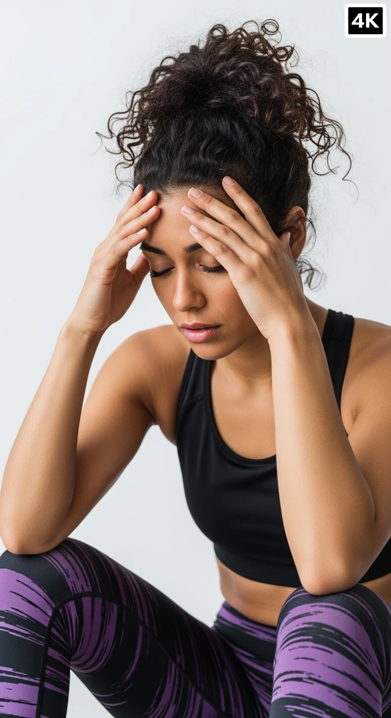 DONNA FITNESS STRESSATA CHE SI TIENE LE MANI SULLA FRONTE, IPERREALISTICA 4K emoji