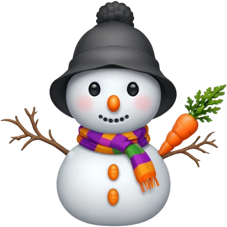 A snowman wearing a colorful scarf and a tiny bucket hat. emoji