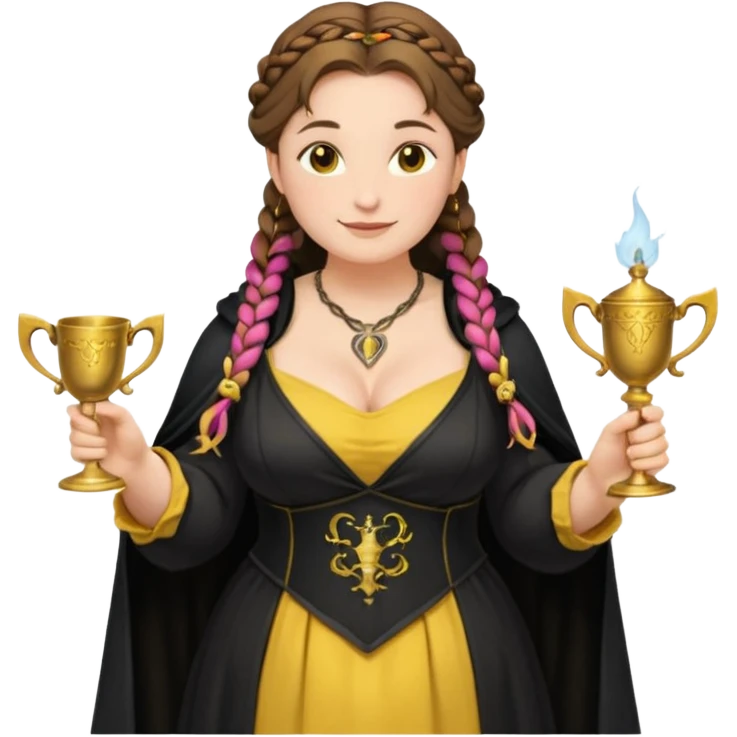 Helga Hufflepuff,brown-haired,2 braids,yellow-black medieval open dress,deep neckline,fat macromastia,black cloak decorated with gold braiding,gold cup with two handles,wand,very kind smile,curvy busty sweet woman,round rosy cheeks,full length with medieval shoes emoji