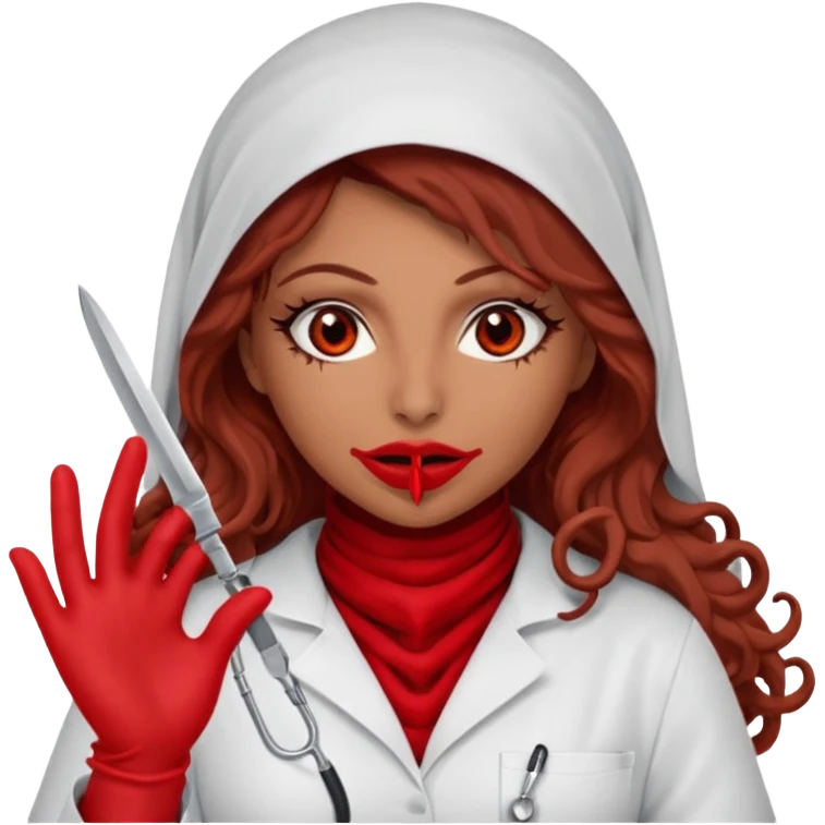 Lilith scalpel in hand, evil surgeon sexy surgeon clothes.  She has red eyes. She brown long curly hair. Wears sexy doctor outfit with red gloves.hair is free and brown  Wears red burka to hide her mouth and nose emoji