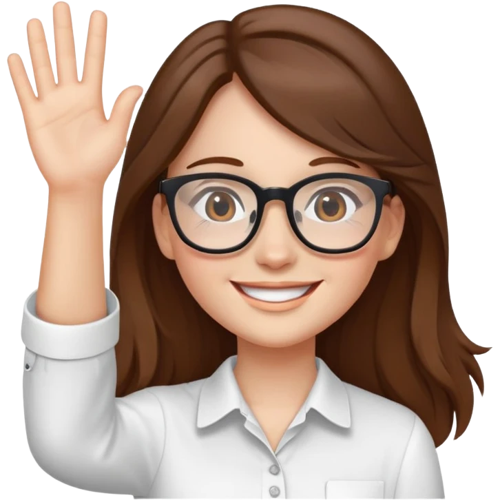 waving girl with glasses, long brown hair, wearing a white shirt emoji