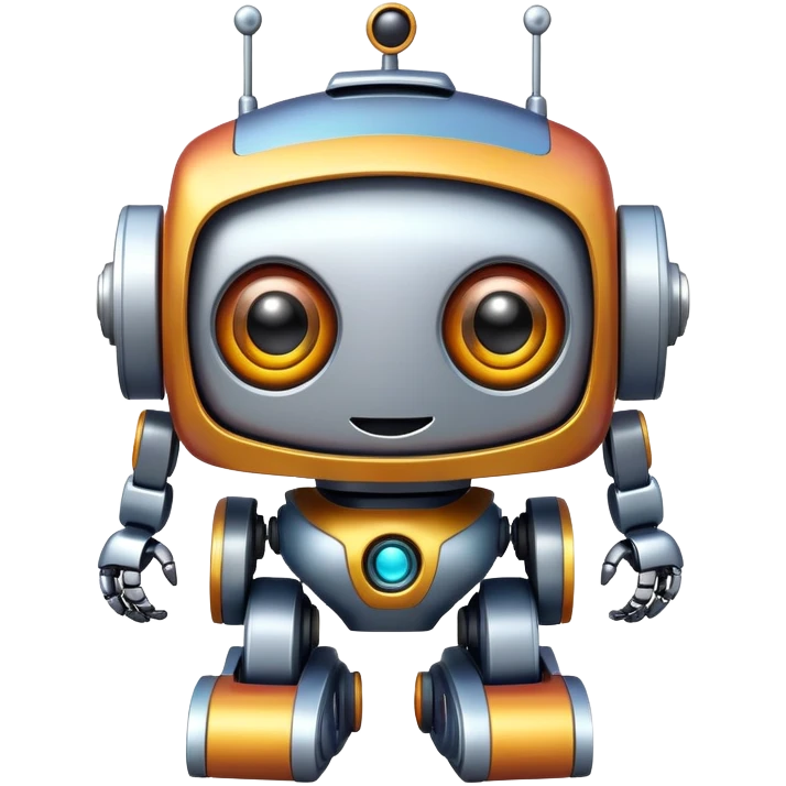 A toy robot with big eyes and a happy expression emoji