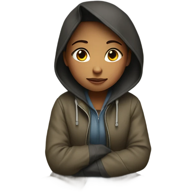 A girl siting alone no smile on face with a oversized jacket and long pants  emoji