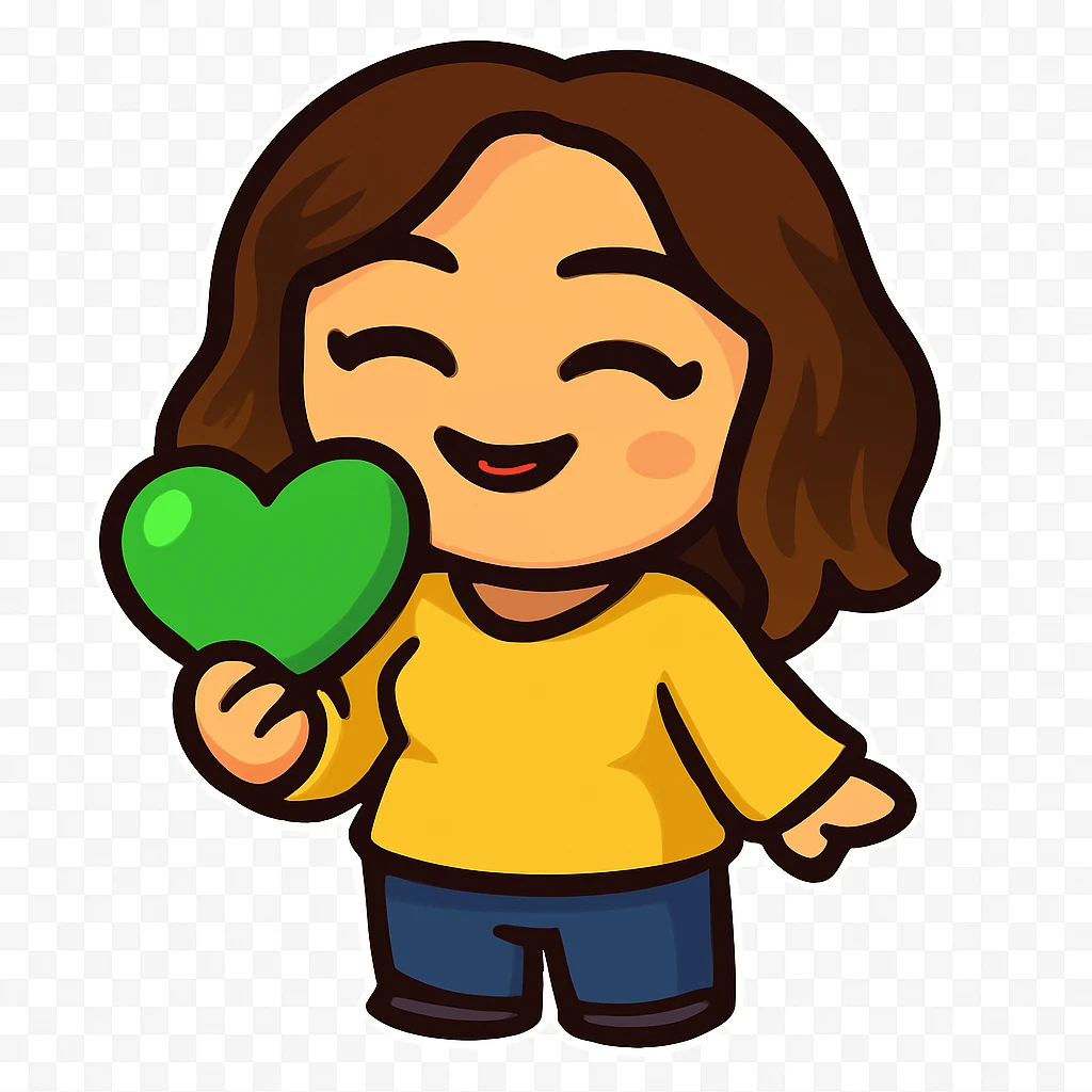 Sticker style chibi emote, matching the attached green heart emote as a base. Woman from reference, yellow blouse and blue jeans, laughing with eyes closed, cute happy face, no headband, no wand, transparent background. Top color should not match jeans. emoji