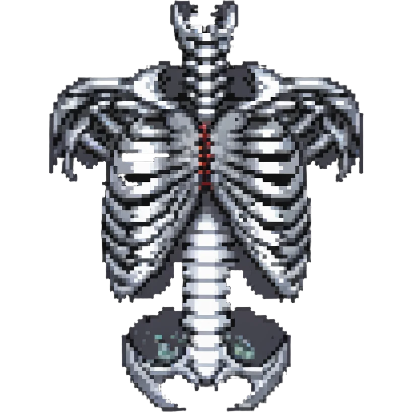 broken ribcage stylized with shading and highlights, pixel art style emoji