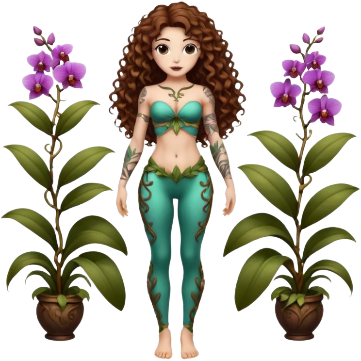full body woman long curly brown hair brown eyes white skin tattoos muscular build orchid fairy bodice and vine leggings emoji