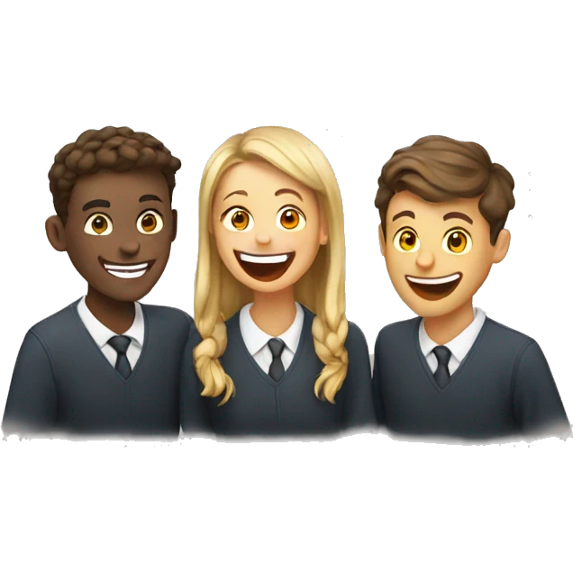 3 European students laughing at lesson emoji