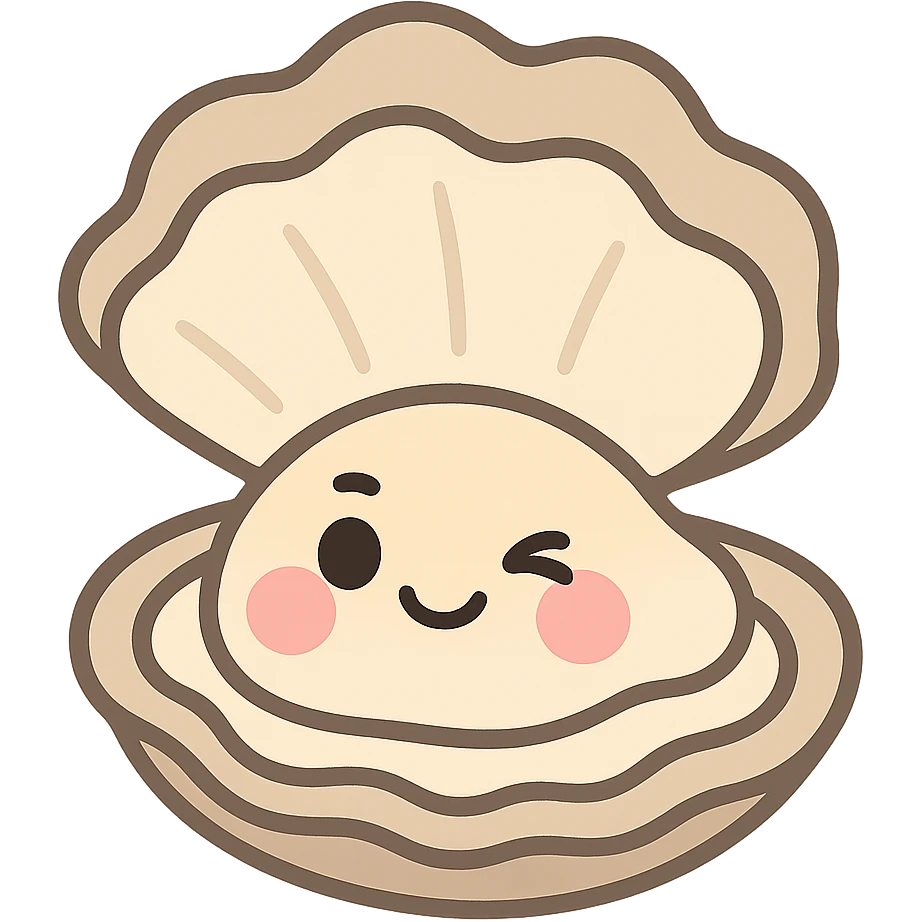 cute oyster with winking expression and rosy cheeks, pastel toon style, cream and greige colors emoji