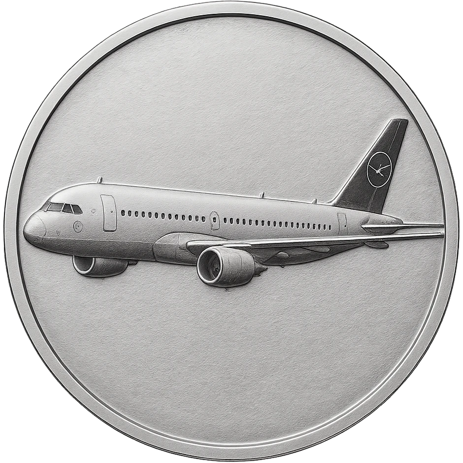 silver coin with embossed modern commercial airplane resembling an Airbus in Lufthansa livery, subtle details, numismatic style emoji