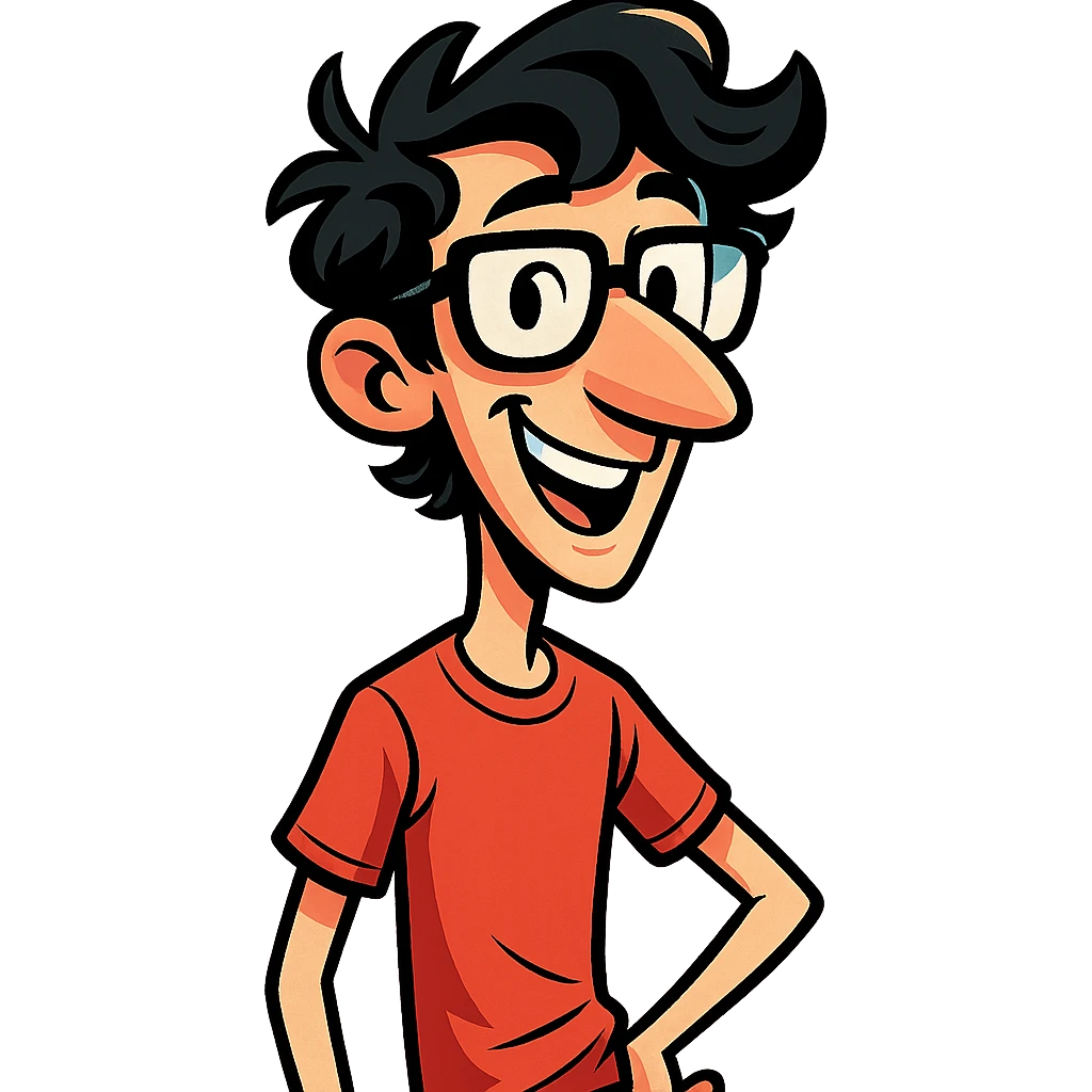 vibrant toon style skinny white boy with wavy black hair, big nose, black glasses emoji