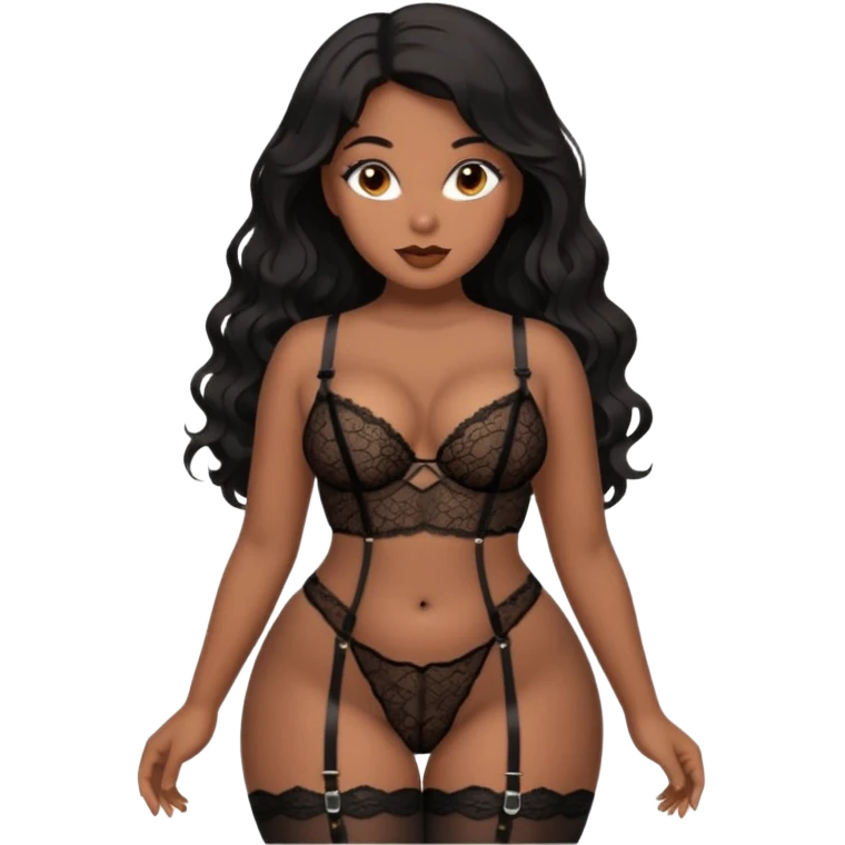Curvy woman with brown skin with long wavy black hair, dark brown eyes. She's wearing a black lace lingerie, black lace thong, black stockings and suspender belt, the camera has a birds eye view of her laying on her back on a bed emoji