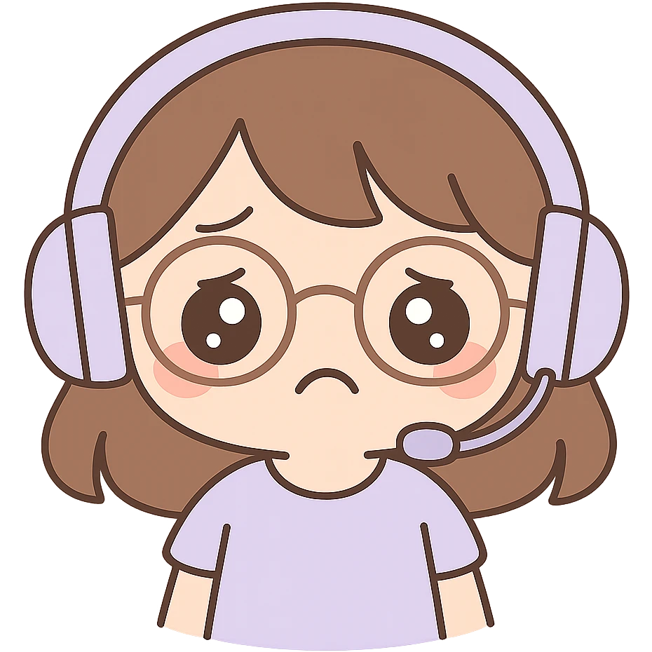 Edit the image to depict a female brunette with glasses and a purple gaming headset in chibi style, with a sad facial expression. Keep the background transparent. emoji