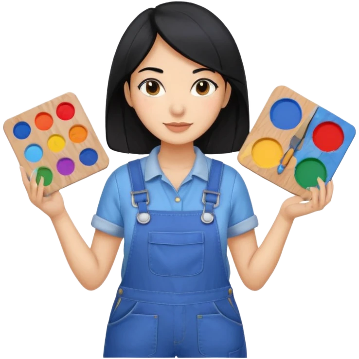 Créame emoji de una mujer que sea diseñadora industrial, pelo negra, piel morena, femenina con overol y una paleta de colores o herramientas de taller  emoji