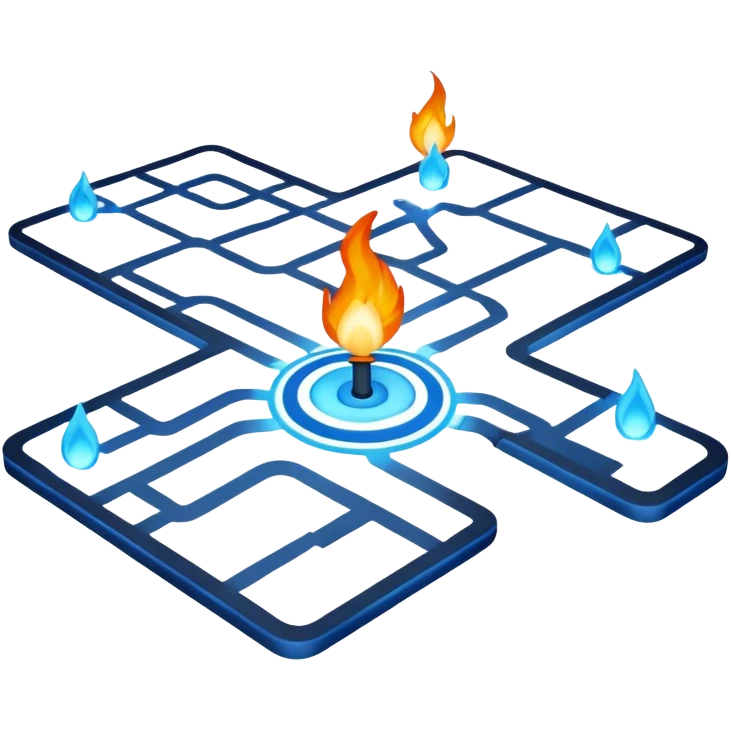 a map with a glowing blue flame on the x and networking paths emoji