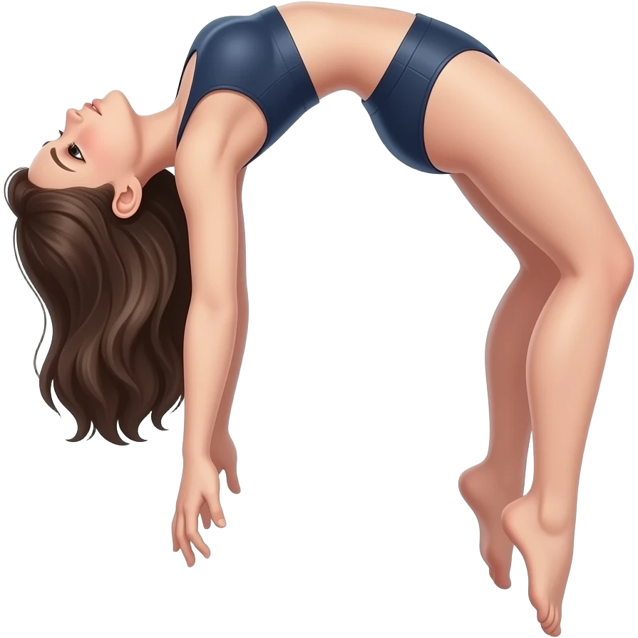 A girl levitating in space, body arched backward in a bridge-like pose, head tilted back, arms hanging loosely, legs slightly bent and relaxed emoji