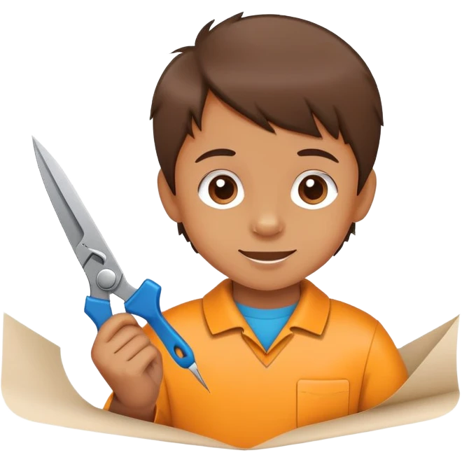child cutting paper with safety scissors, cheerful and creative emoji