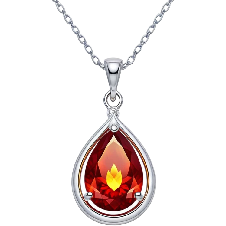 phoenix teardrop ruby pendant, deep red core with yellow ember edges, floating silver chain, pulsing rebirth glow emoji