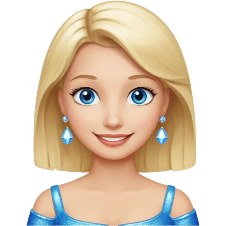 make this real, blond, below shoulder, blue eyes, 50s, sparkle in the eyes, fun, smile, no earings, relaxed style emoji
