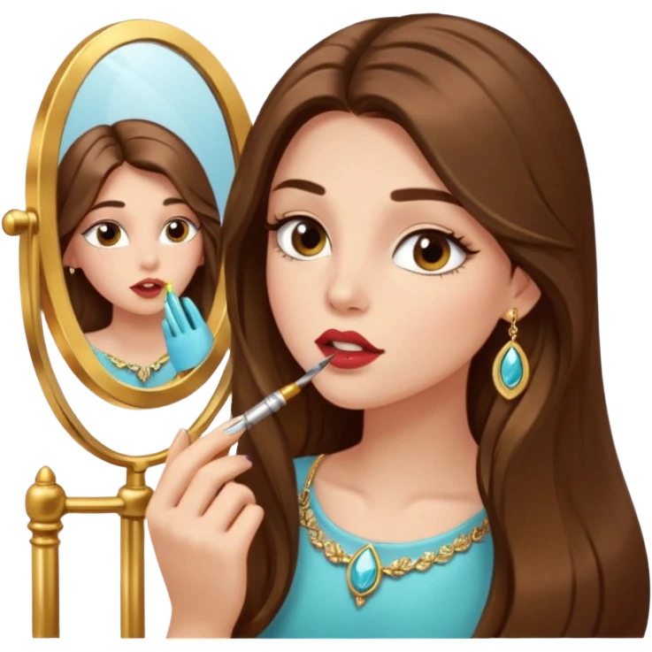 Girl with long brown hair, gold jewelry, and lashes, putting on lipgloss while looking in a mirror  emoji