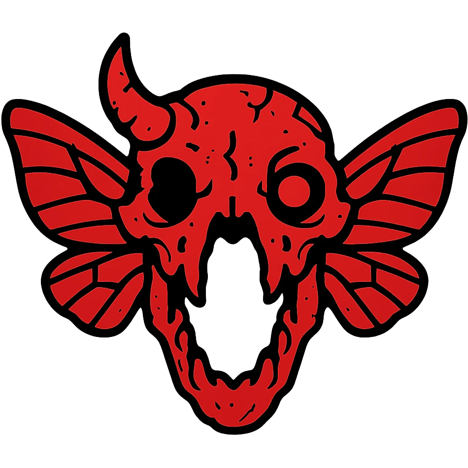 highly detailed red horror icon of distorted minotaur-stoat skull with broken horn and glowing eye, with moth wings, featuring very hollow transparent middle section with most details around the perimeter, weathered edges with missing sections, detailed bone textures around outer parts only, 100% red with distorted features emoji