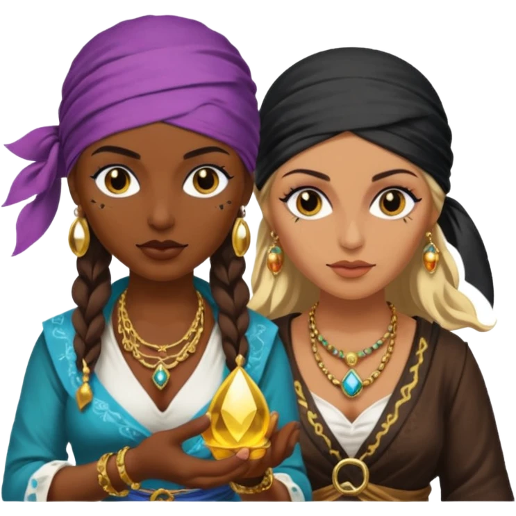2 women one is gypsy fortune teller and one is a pirate emoji