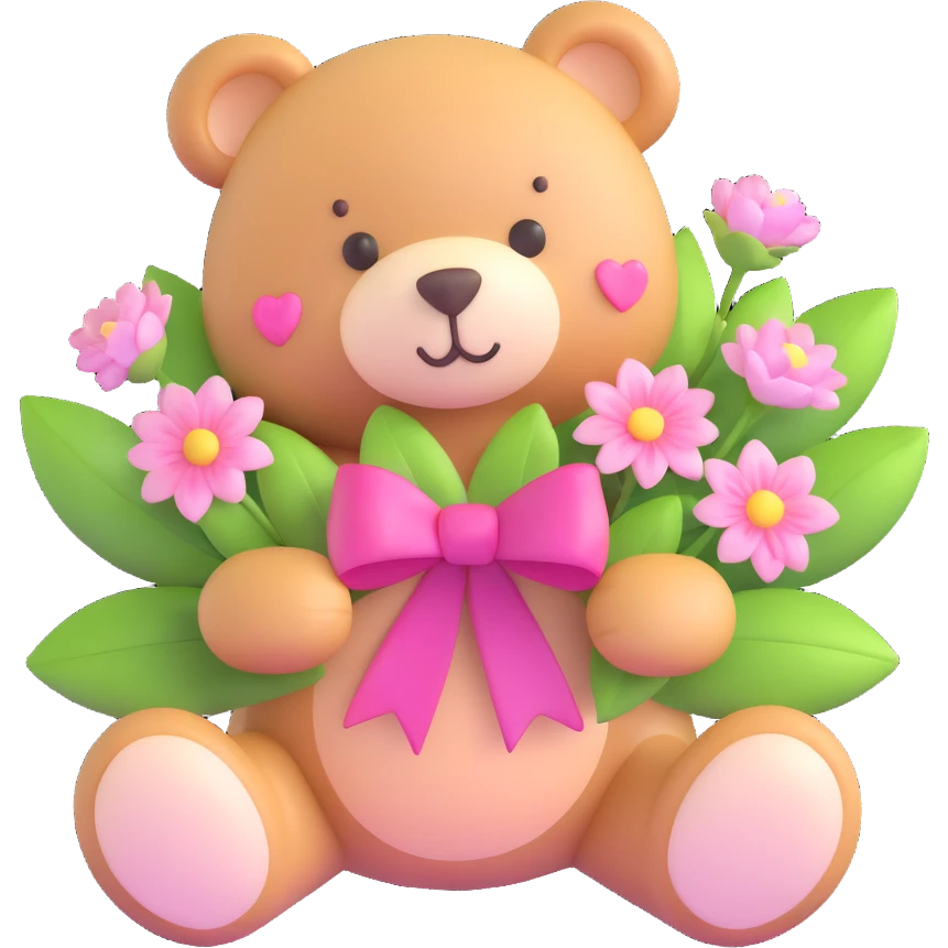 a teddy bear with a pink bow on its head, holding a bouquet of white and pink flowers with green leaves, and small pink hearts floating around emoji
