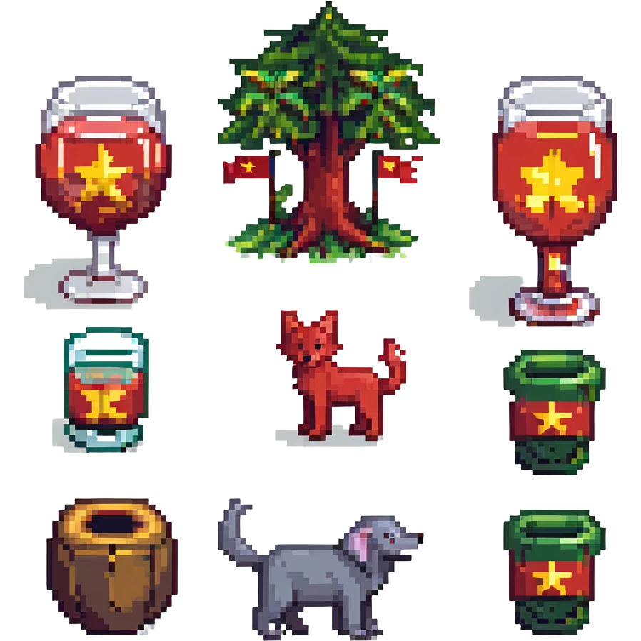 cat, dog, wolf, Vietnam flag, tree, elephant, and a glass all together in pixel art style emoji