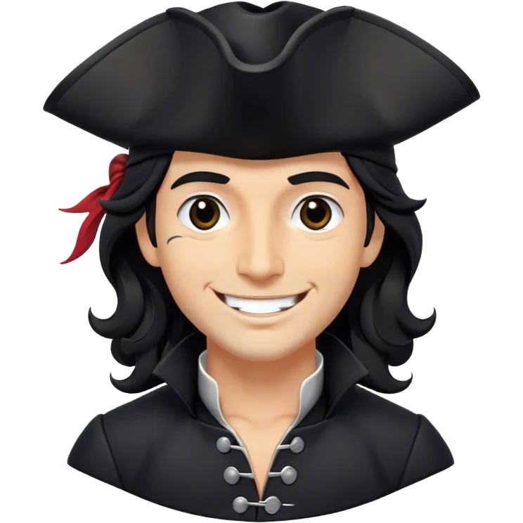 A charismatic pirate with wavy black hair, wearing a black tricorn hat and a sleek black coat with silver buttons, smiling confidently. emoji
