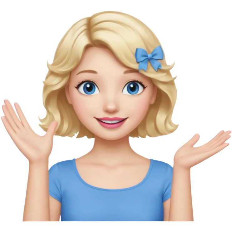 Girl Blonde short wavy hair,  blue eyes, cute blue top, long lashes, pink lips, smiling, one hand in the air emoji
