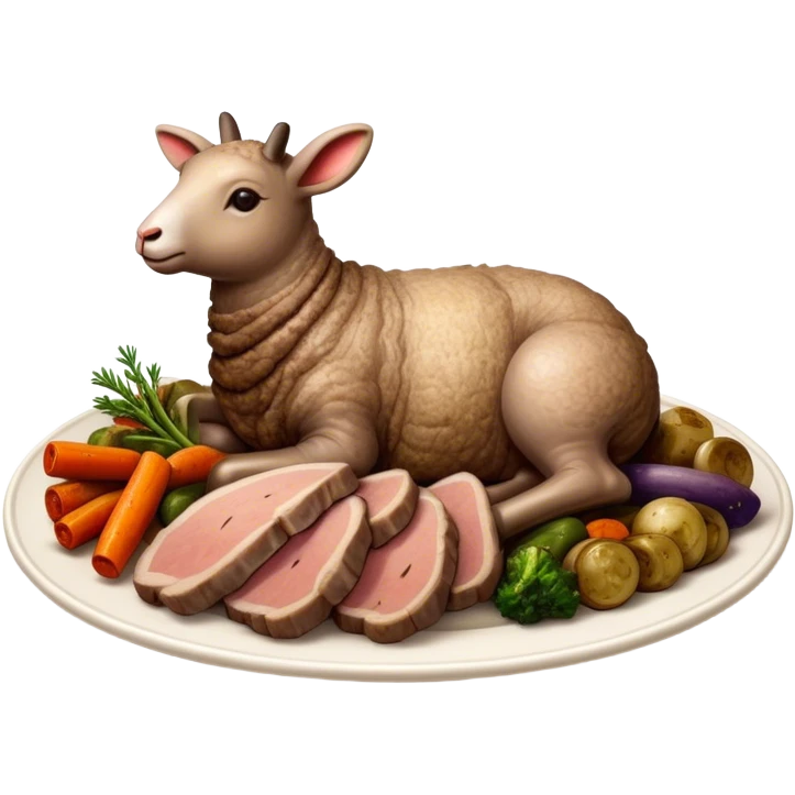 Roast Lamb Cinematic Realistic Roast Lamb Dish Emoji, depicted as thinly sliced roast lamb arranged artfully on a plate, rendered with rich textures and warm, inviting lighting. emoji