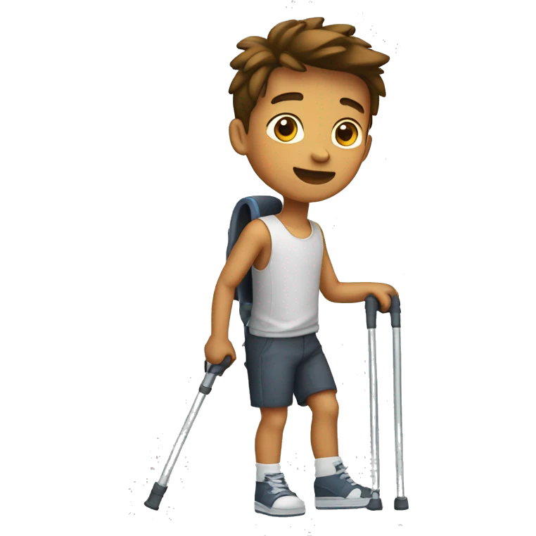 A boy with one broken leg using crutches with a bit of muscles  emoji