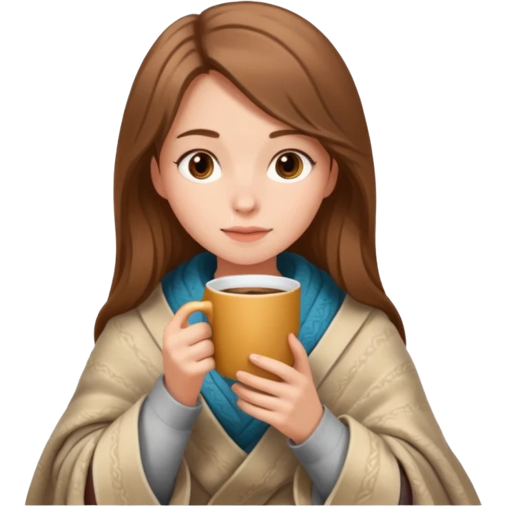 Beige Brown hair Girl drinking coffee, with a cozy blanket and book emoji