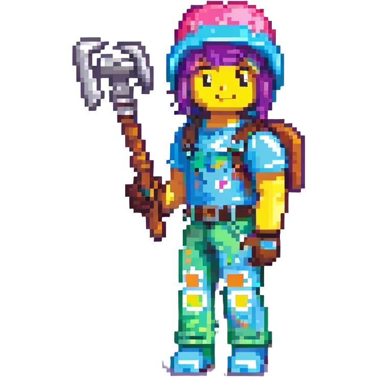 roblox character, holding a tool, playful expression, vibrant outfit emoji