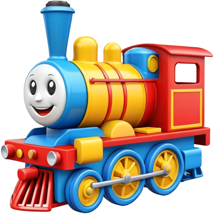 A colorful toy train engine with a big happy smiling face on the front emoji