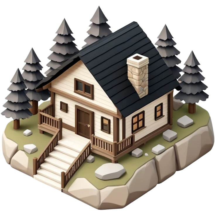 Isometric exterior little black, beige, and white mountain cabin, stone and wood, dollhouse style 3D realistic  emoji