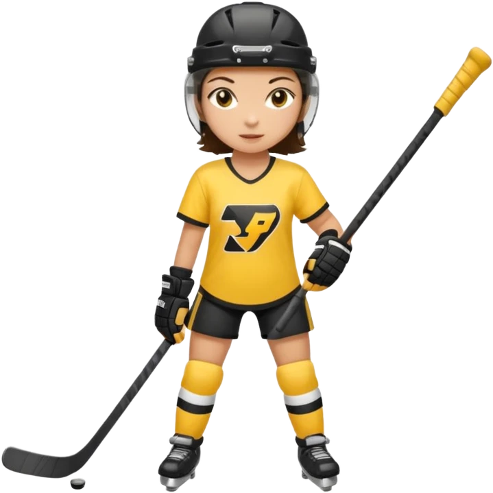 Girl hockey player with yellow and black jersey full body brunette with helmet emoji