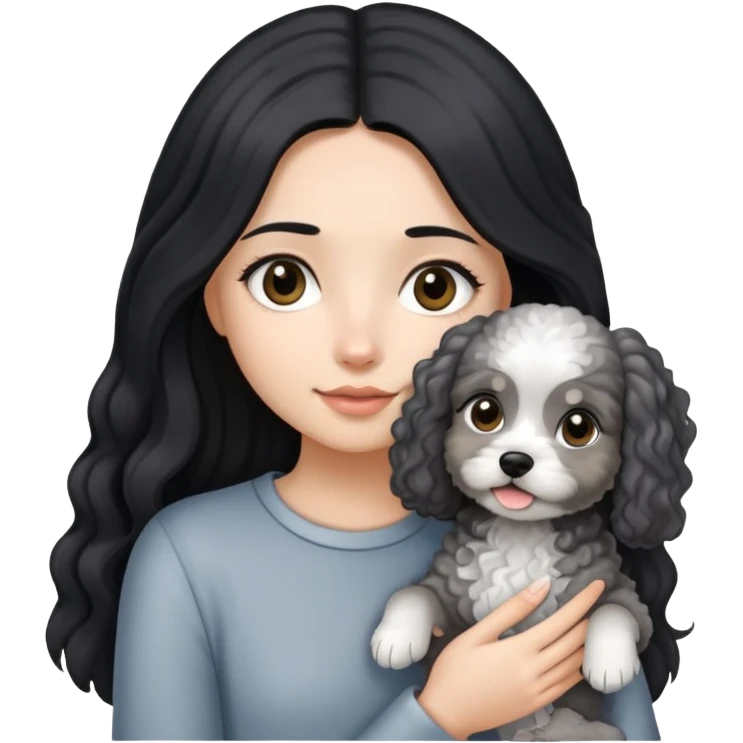 A girl with long straight hair holding a small light gray curly-haired dog emoji