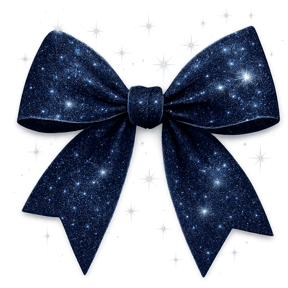 Add extra glitter and sparkling effects to the midnight bow crafted from rich navy fabric, highlighted with silver threads and a gentle moonlit shine. Keep the background transparent. Maintain the look of a midnight bow with rich navy fabric and silver threads. emoji