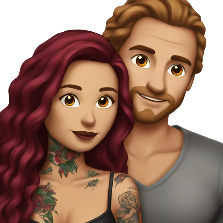 Beautiful tattooed burgundy long haired woman laying on the boyfriends chest emoji
