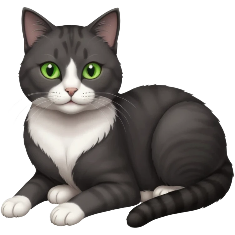 beautiful female solid dark grey cat with green eyes, white toes/paws and white patch on her chest lying down emoji