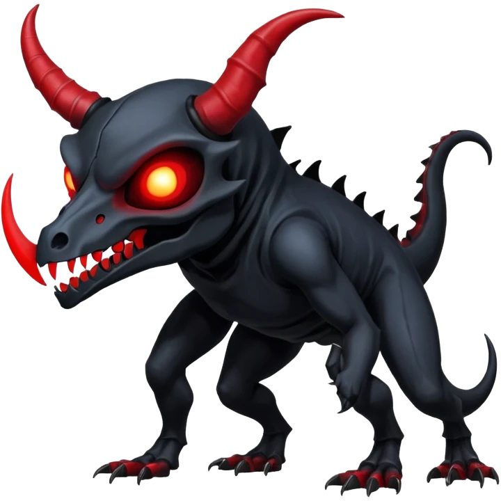 Shiny Dark Edgy  Duskull-Salandit-Amaura-Fakémon-hybrid-creature (full body) with a horned animal-skull-mask emoji