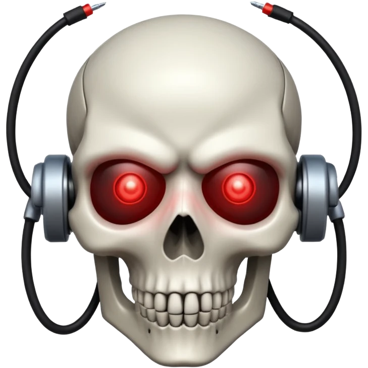 A skull with a robotic glow red eyes that have wires showing out of its skull and sinister and crimson it also has a cyber eye patch  emoji