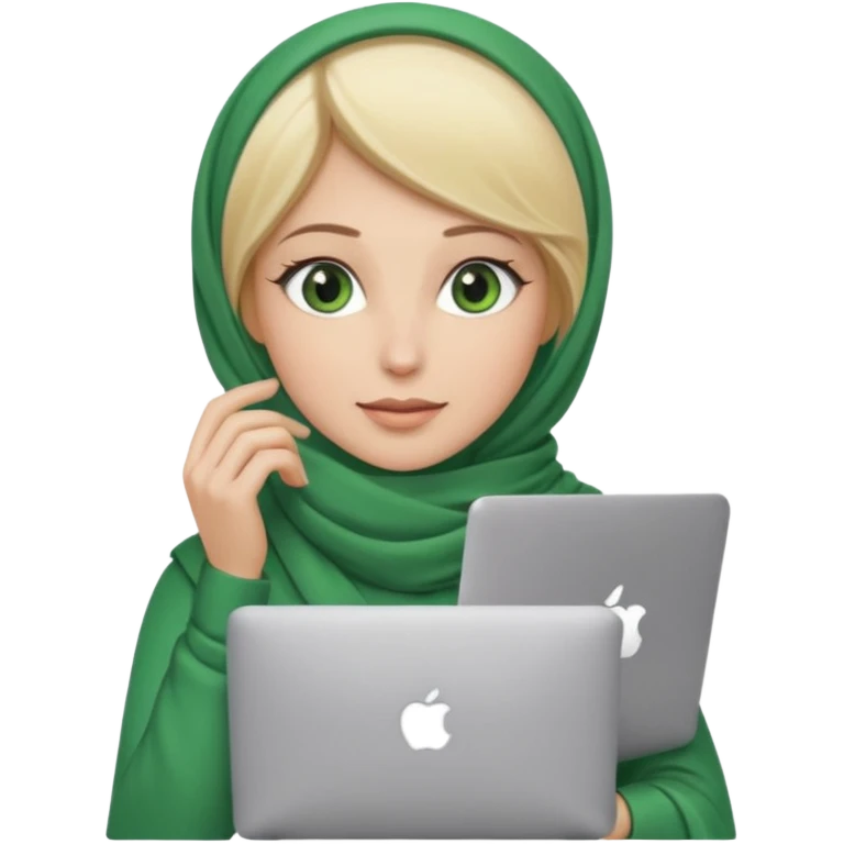 blond women skine , with green eyes , with scarf hijab , heid the hair, with macbook emoji