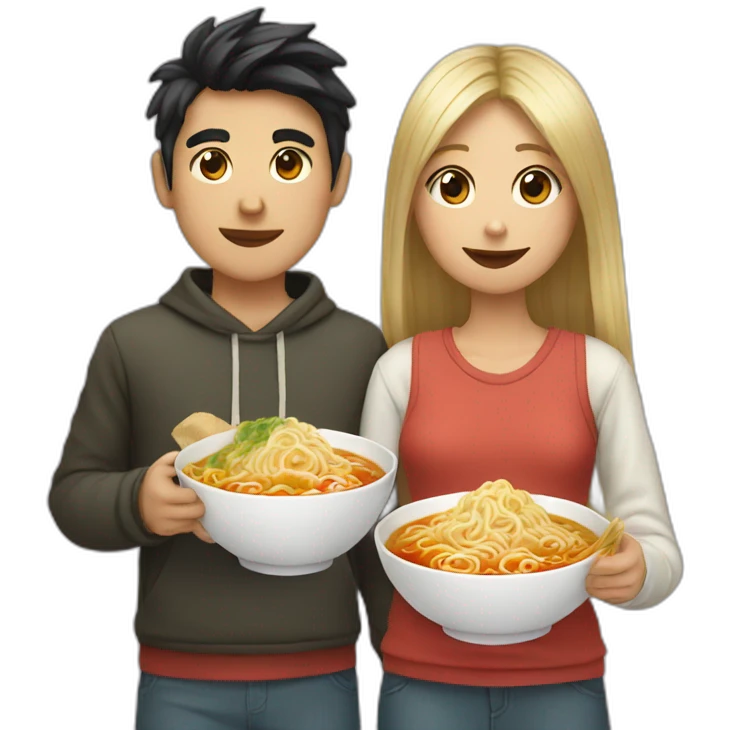 Boy and girl with ramen emoji