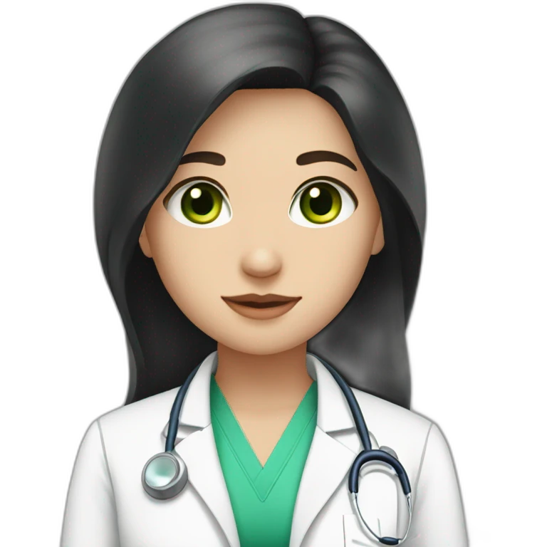 doctor, black hair, girl, white skin, straight hair, green eyes emoji