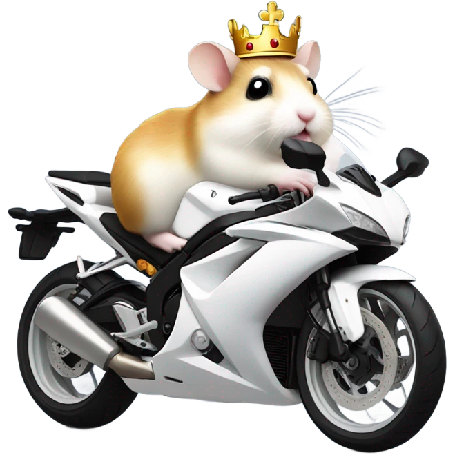 A hamster with a crown riding a full-white Yamaha-r3 emoji