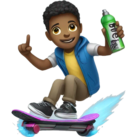 Boy riding a hoverboard, holding a spray can emoji
